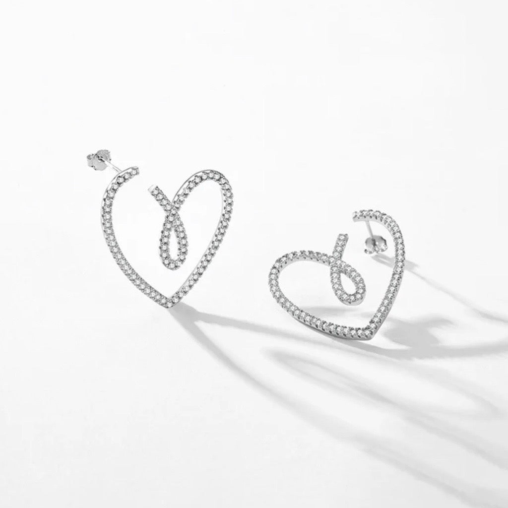 Sparkling Heart Earrings with Cubic Zirconias (30mm x 25mm)