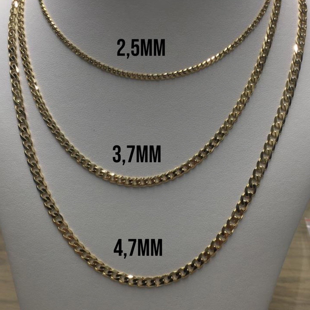 curb necklaces in 2,5mm , 3,7mm and 4,7mm width 9kt yellow gold