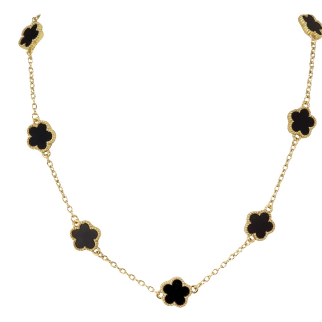 multi clover necklace in black and gold