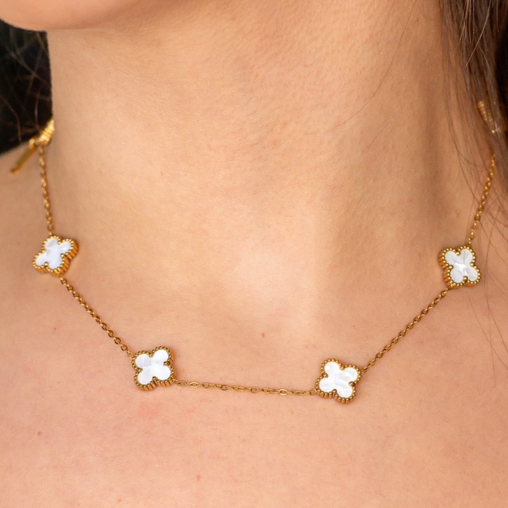 multi clover necklace in white and gold