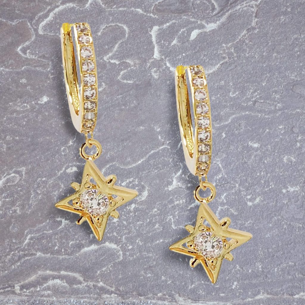 Pretty Star Charm Huggie Earrings with Cubic Zirconia (25mm length)